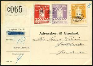 AFA 13,14,16 1936. Pakkeporto, 70 Øre, violet, AL og 1 Krone, orange, AL samt 20 Øre, rød, Schultz. Adressekort for 1 pakke sendt fra København i 1937 til Godthaab. Annulleret med stÃ¥lstempel GRØNLANDS STYRELSE 23.VII.37. –º