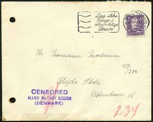 1945. Brev sendt lokalt i KØBENHAVN 30.7.45 til LANDSSVIGER indsat pÃ¥ KASTELLET, der i mellemtiden var overført til ALSGADES SKOLE. Censurstempel CENSORED BRITISH MILITARY MISSION DENMARK. –º