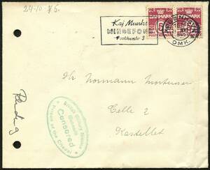 1945. Brev sendt lokalt i KØBENHAVN 21.9.45 til LANDSSVIGER indsat pÃ¥ KASTELLET. Ovalt censurstempel i grøn farve British Military Mission Denmark Censored Prison of the Citadel. –º