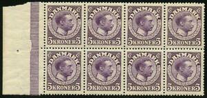 AFA 110x 1918. Christian X, 5 Kroner, violet, Position 41-4451-54 8-blok BRUD PÃ… EGEKRANSEN. Postfrisk.