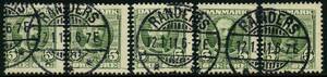 AFA 54 1907. Frederik VIII, 5 Øre, grøn. Klichébrud over de 3 midterste mærker. Oprindeligt sammenhængende 5-stribe. Annulleret RANDERS 12.1.11.