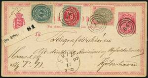 AFA 23,25,28 1875. Tofarvet, 4 Øre, grÃ¥blÃ¥ og 8 Øre, grÃ¥rød samt 20 Øre, rødgrÃ¥. Opfrankeret pÃ¥ helsagsbrevkort, 8 Øre, rød. Anvendt som adressebrev for 1 pakke sendt fra SKIVE 7.11. til København. –º