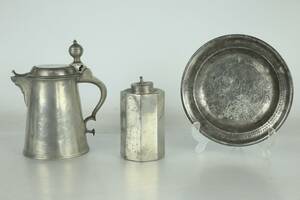 STOP, flaska samt tallrik, tenn, 1800-tal
