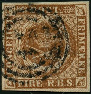 AFA 1IIIf 1854. FIRE R.B.S. Thiele III, nøddebrun, Plade IV. Annulleret med utydeligt nummerstempel 24 HELSINGØR. Attest Svend Grønlund 1977.