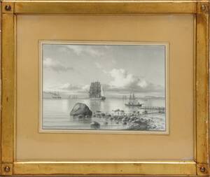 Carl Baagøe 1829-1902 Sejlskibe og jolle udfor en kyst. Blyant