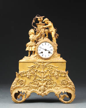 Fransk kaminur af forgyldt og patineret bronze, omkr. 1900