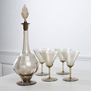 SIMON GATE, likörglas, Karaff medföljer, bruntonat glas, troligtvis Sandvik, 1900-talets första del, 5 delar