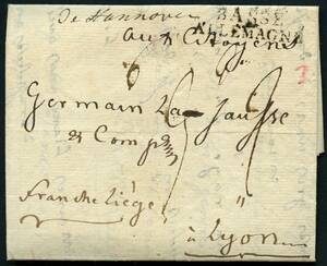 1800. Helbrev fra HANNOVER, 18.7.1800 til LYON, Frankrig. PÃ¥skrevet de Hannover og stemplet BASSE ALLEMAGNE. Rødt 3-tal. Franco Liège. –º