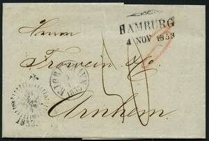 1853. Portobrev, helbrev fra KJØBENHAVN, 3.11. til ARNHEM, Holland. Hamburg sommerfugle stempel 4. NOV. 1853, samt diverse transitstempler –º