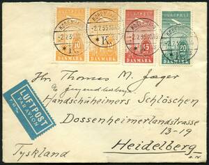 AFA 216-218 1934. Luftpost. 10 Øre, orange par, 15 Øre, rød samt 20 Øre, blÃ¥grøn pÃ¥ luftpostbrev –º