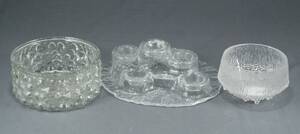 ULTIMA THULE, SKÅL, ITTALA, GLAS, HÖ 11, DIAM 16 CM, OCH LJUSHÅLLARE VULKAN PERTTI KALIOINEN FINLAND, HÖ 10, LÄ 30, SAMT SKÅL GJUTET GLAS, HÖ 10, DIAM 21 CM