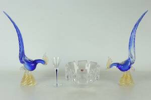 FIGURINER, 2 st, fåglar, Murano, samt skål, Corona, snapsglas, Intermezzo, Orrefors