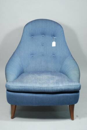 KERSTIN HÖRLIN-HOLMQUIST 1925-1997, FÅTÖLJ, LILLA EVA, NORDISKA KOMPANIET, UR TRIVA SERIEN, PARADISET, FORMGIVEN 1958, KLÄDD I BLÅ TEXTIL