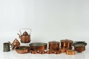 PARTI med koppar- och tennföremål, bl.a. kaffepanna, Skultuna Bruk, 18001900-tal