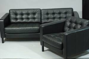 SOFFA OCH FÅTÖLJ, SVART SKINN, SOFFANS LÄ 205 CM