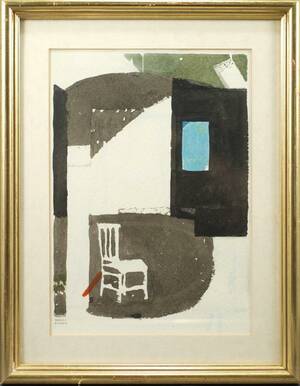 RANDI FISHER, SVERIGE, 1920-1997, KOMPOSITION MED STOL, SIGNERAD, AKVARELL, BILDMÅTT 27X20 CM