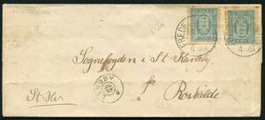 1880. VENDEBREV. Befalet Indberetning fra Store Karleby, sendt over LYNDBY og Roskilde til Frederikssund. Porto 8 øre rødkridt –º