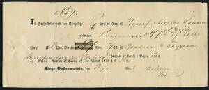 1868. Postkvittering fra KJØGE for et Værdibrev pÃ¥ 23 Qvint, værdi 97 Rdl 7 Sk. ej Talte. Porto 16 Sk. og gebyrer 12 Sk. –º