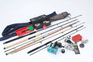 Samling fiskegrej bla. shimano, Abu og okuma.