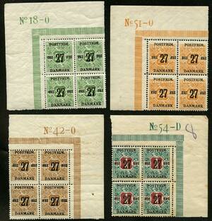 AFA 90,91,93,95 1918. Marginalblokke provisorier. 2720 Øre, grøn No. 18-O, 2729 Øre, orange No. 51-O, 2741 Øre, brun No. 42-0 og 271 Krone, blÃ¥grønrød, No 54-D, POSTFRISKE –º