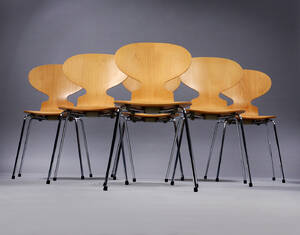 Arne Jacobsen. Sæt på seks stole, Myren, model 3101, bøg 6