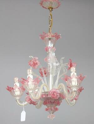 LJUSKRONA, VENETIANSK, 1900-TAL, KLART OCH ROSA GLAS, TOTAL HÖ 65, DIAM 47 CM