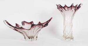 Murano skål og vase af klart og violet glas