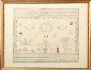 MÄRKDUK, DATERAD 1789, BRODERI PÅ SIDEN, 26 X 30 CM