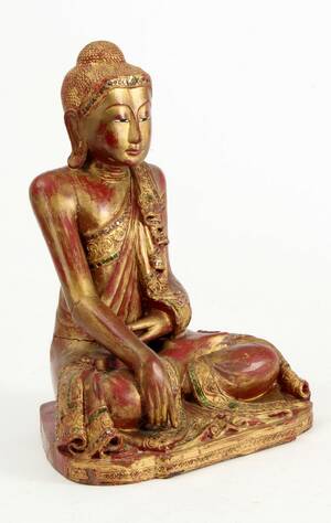 Thailandsk Buddha af guldfarvet træ med flusser, 20årh.
