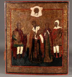 Russisk ikon forestillende fire helgener, 1800-tallet