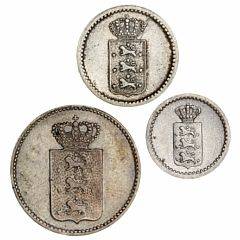 Dansk Vestindien, Dansk Amerikansk Mønt, 2 skilling 1847, H 2, Sieg 11, 10 skilling 1840, H 14, Sieg 12, samt 20 skilling 1847, H 13, Sieg 13