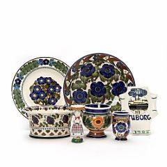 Syv dele fajance dekorerede i farver. Aluminia. H. 4-14 cm. 7