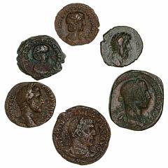 Romerske kejserdømme, 6 kobbermønter fra Antoninus Pius, Lucius Verus, Julia Domna, Severus Alexander, Philip II og Salonina, alle i pæne kvaliteter