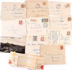 Færøerne. Lille lot gamle breve og postkort. Bl.a. incl. 4 breve med 7 øre Chr.X, orange fra februar og marts 1919 annulleret med stjernestempler SANDEVAAG og