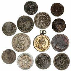 Christian V, 12 skilling 1694, 1695, skilling 1676, 1677, 1680, 1681, 1686, 2 skilling 1676, 1677, 1680, 1681, 1686, 8 skilling 1695, i alt 13 stk.