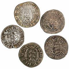 Frederik III, 2 skilling 1654, 1658, 1659, 1663, 1667, H 130B, 132A, 132B, 139A, i alt 5 stk.