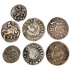 Christian IV, Glückstadt, søsling lybsk 1624, 2 skilling lybsk u. år, 3 skilling lybsk 1624, 1643, 1645, 1644, 4 skilling lybsk u. år, i alt 7 stk.