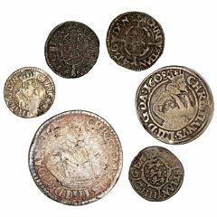 Christian IV, skilling 1614, 1615, H 80A, 80F, 2 skilling 1644, H 151A, 4 skilling 1630, H 142, 8 skilling 1608, H 96, mark 1612, H 99A, i alt 6 stk.