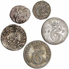 Samling bestående af forskellige Glückstadt mønter fra Christian IV, Frederik III og Christian V, i alt 5 stk. i varierende kvalitet