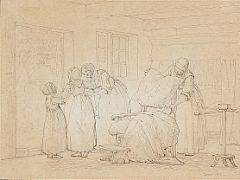 Julius Exner Interiør fra Sjælland, hvor rekonvalscenten er i bedring. Sign. Exner 1866. Bly og pen på papir monteret på papir. Bladstørrelse 23 x 31.