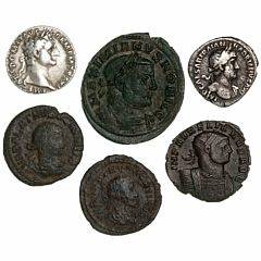 Romerske kejserdømme, 2 denarer fra Hadrian og Domitian og 4 yngre kobbermønter