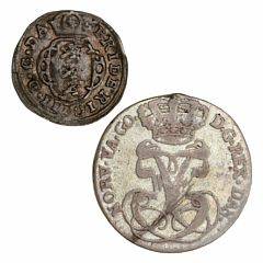 Frederik III, 2 skilling 1663, H 132B, kval. 1 samt Norge, Frederik V, 24 skilling 1756, NM 12, H 2A, kval. 1