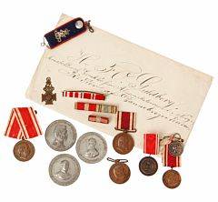 Samling af diverse danske militære medailler med relation til krigene 1848-1850 og 1864, gardermedaille, Sønderjylland for Danmark samt diverse personmedailler