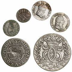Christian V, Glûckstadt, 4 mark krone 1695, H 125C loddespor på rev., div. øvrige mønter inkl. Fr. II, mark, H 9, Fr. IV, 8 sk 1701, H 42, Rendsborg, 1 sk