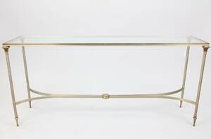 SIDEBOARD, 1900-TALETS SLUT, MÖJLIGEN NK, MÄSSING OCH BORSTAT STÅL, SKIVA AV GLAS, HÖJD 70, 150 X 38 CM