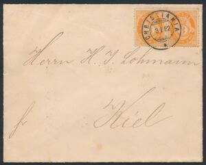 1882. Posthorn. 3 øre, orange. Parstykke på brev til TYSKLAND, stemplet CHRISTIANIA 3.1.82.