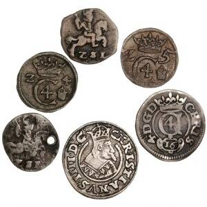 Christian IV, Glückstadt, søsling 1624, 1625, 2 skilling lybsk u. år 2, 3 skilling lybsk 1623, 1643, H 171, 168, 170, 176A, i alt 6 stk.