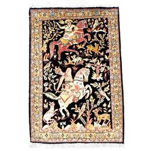 Qum helsilke tæppe, Persien. Design med jagtsceneri. 20. årh.s slutning. 57 x 84 cm.