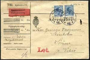 AFA 71 1913. Christian X, 20 Øre, blÃ¥ par. Adressebrev for 1 pakke med Postopkrævning 15 Kr. fra Dansk Prospektkort Forlag, KJØBENHAVN VII til Søsum pr. Viksø. Pakken vejede ½ kg, og derfor stemplet Let med rød farve. –º