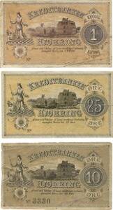 Hjørring Kreditbank, 10 øre u. år, samt blanketter af, 25 øre u. år, 1 kr u. år, Sieg 29 - 31, ex. Peter Flensborgs privatsamling